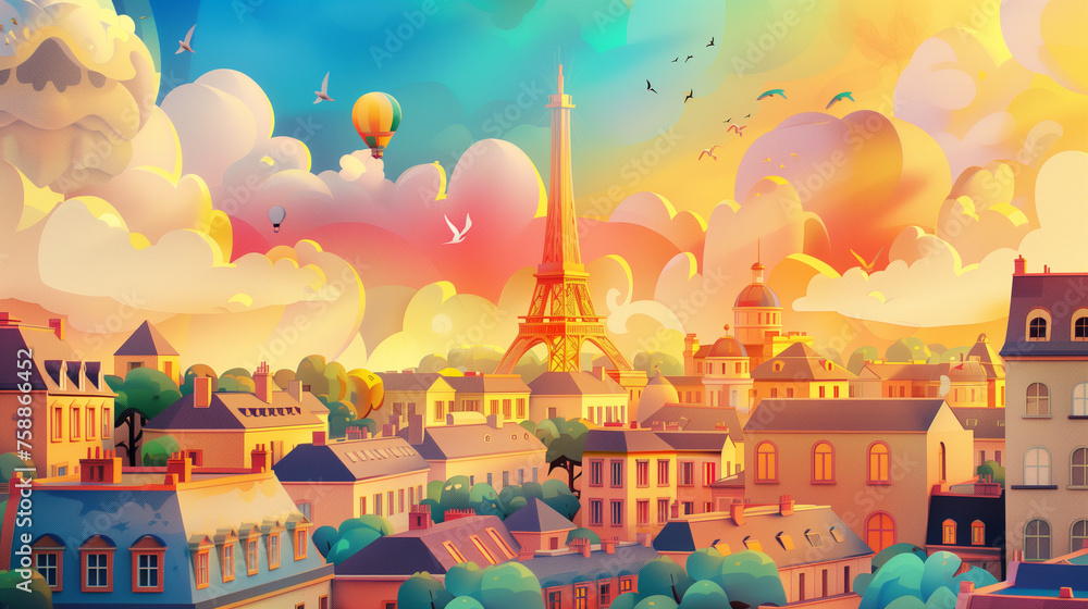 abstract panorama of paris, france, ludic scene, colorfull illustration