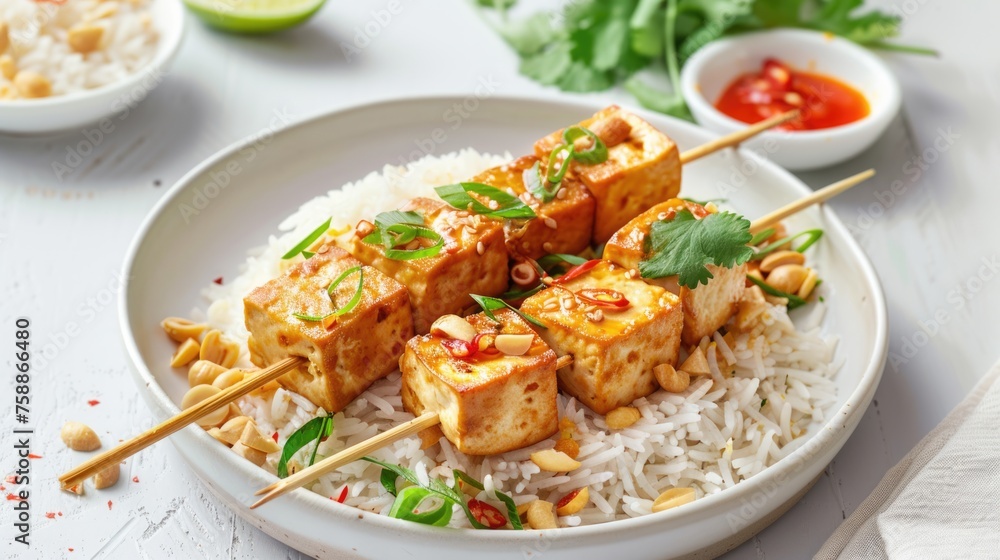 Grilled tofu skewers over jasmine rice with peanuts and scallions.