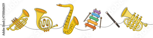 Set of wind musical instruments. Tuba, trumpet, french horn, saxophone, wooden xylophone, flute continuous one line illustration.