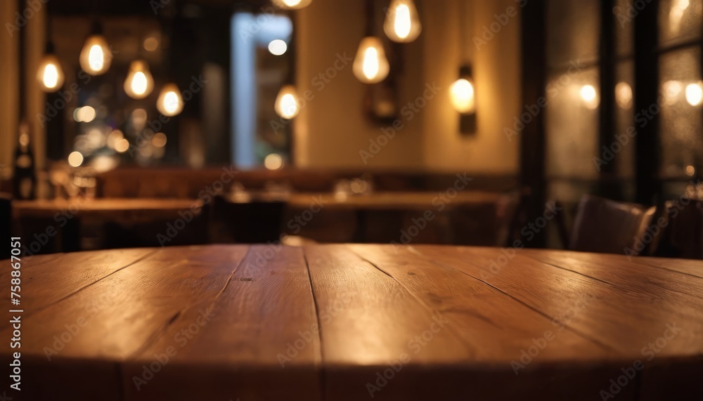 Empty wood table top on blur light gold bokeh of cafe restaurant in dark background Empty wood table top on blur light gold bokeh of cafe restaurant in dark background