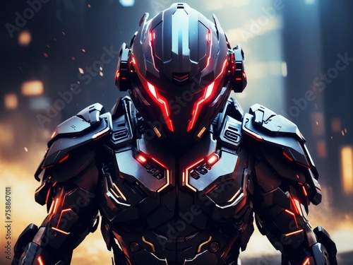 "Futuristic Battle: Sci-Fi Warrior with Red Optics in Dynamic Art"