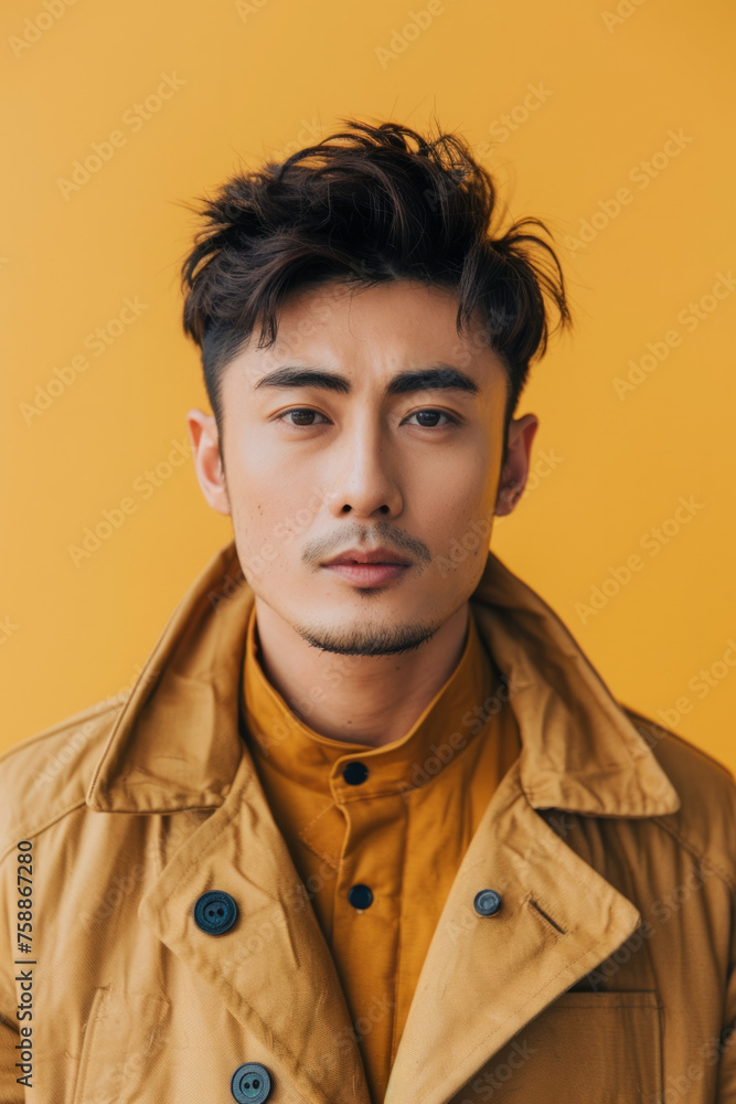 Portrait of a confident young man wearing a stylish mustard jacket and shirt against a matching yellow background, looking directly at the camera with a serious expression. Portrait of a confident young man wearing a stylish mustard jacket and shirt against a matching yellow background, looking directly at the camera with a serious expression.