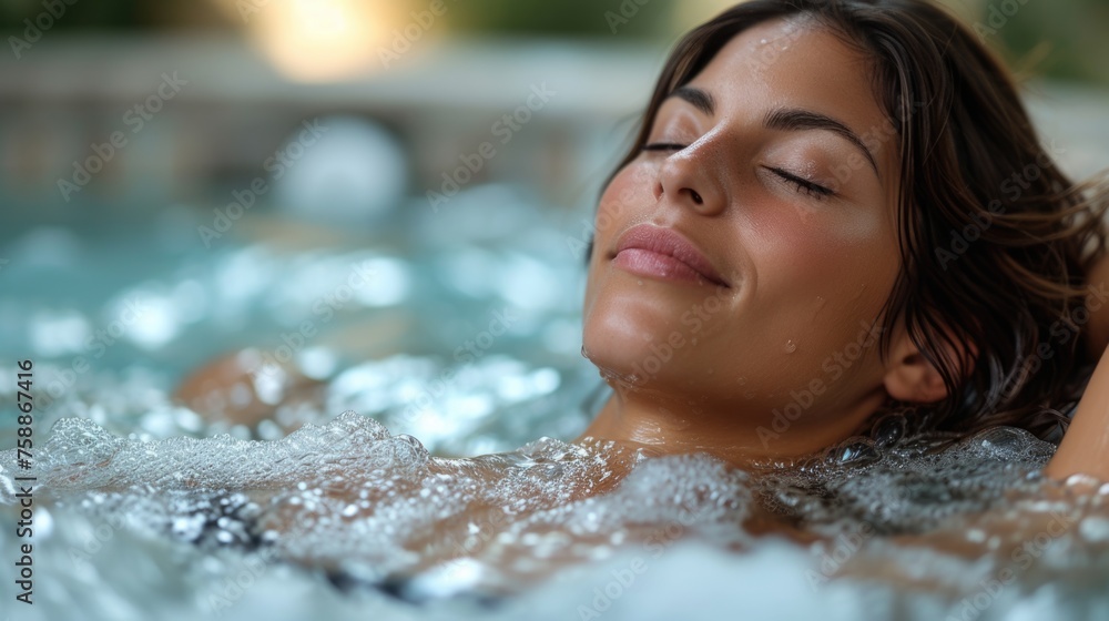 Relaxed woman enjoying hydrotherapy in a bubble bath at a luxury spa. Relaxed woman enjoying hydrotherapy in a bubble bath at a luxury spa.