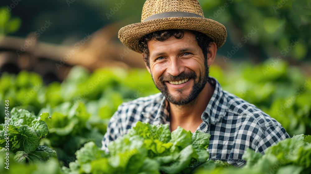 Smiling farmer with straw hat in organic lettuce farm.