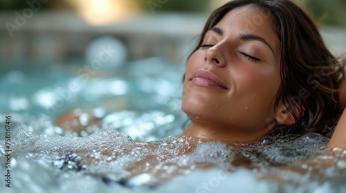 Relaxed woman enjoying hydrotherapy in a bubble bath at a luxury spa.