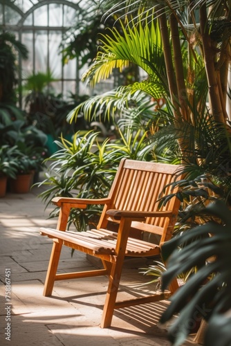 Wooden armchair in greenhouse with tropical plants. Serenity and green living concept