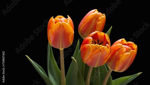 A bouquet of bright orange tulips against a black background