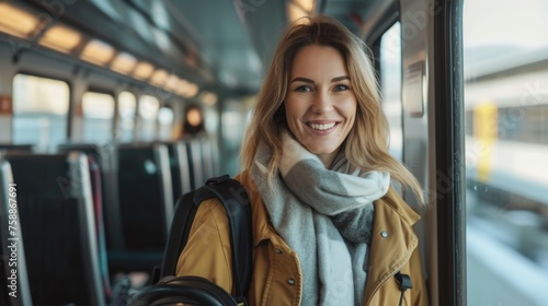 Smiling woman in a yellow coat inside a train.