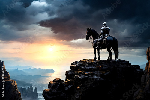 Black knight on horse standing on dark rock in night mountains, abstract mistical backgrounds, digital art style picture, painting. Fairy tale concept. Copy ad text space. Generative Ai illustration photo