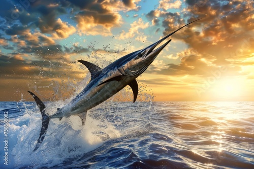 Blue Marlin fish jumps out of the ocean water.