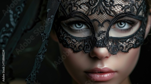 Woman with blue eyes wearing a black lace mask.