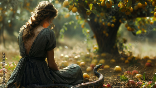An atmospheric portrayal of Eve in the Garden of Eden, gazing contemplatively at the serpent amidst fallen apples. photo
