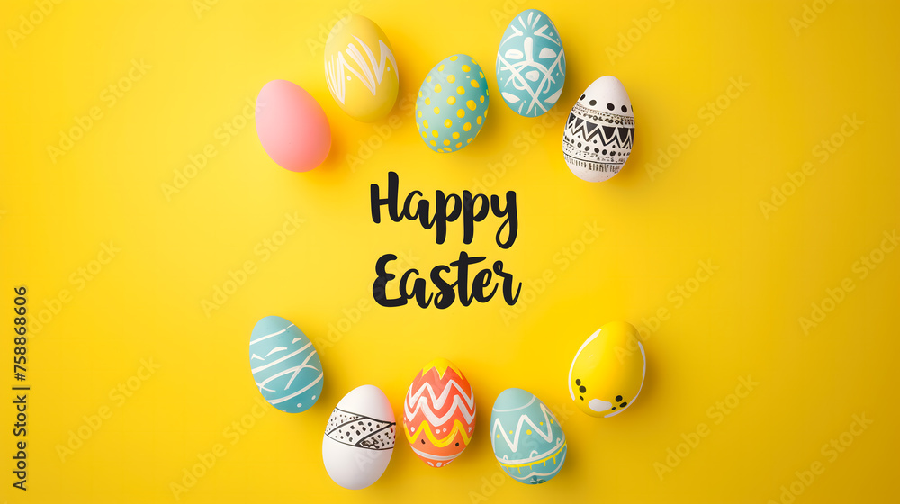 Easter design concept with colorful eggs on yellow background. With text 