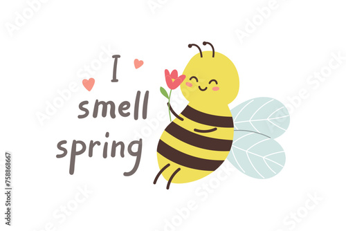Hello Spring design with cute smiling bee holding flower. Template for postcard, card, sticker, print