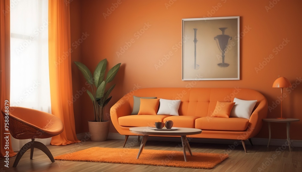 Fototapeta premium Orange cushion on a sofa retro interior design