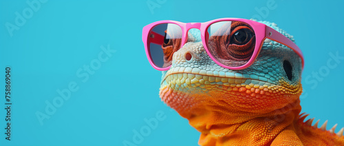 a lizard with sunglasses in blue space, in the style of vibrant color-blocking, 32k uhd, post-internet aesthetics, pink and amber, heatwave, vibrant colours