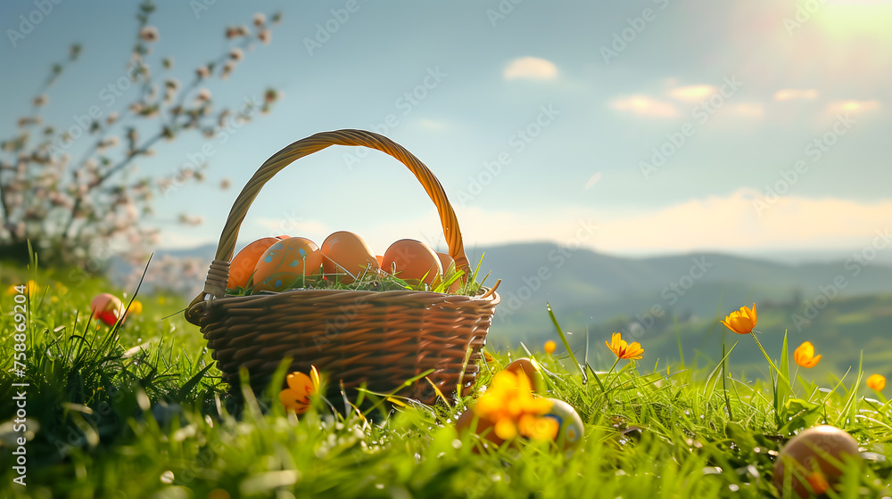 A basket full of colorful Easter eggs on the sunny meadow. Easter design concept with copy space A basket full of colorful Easter eggs on the sunny meadow. Easter design concept with copy space