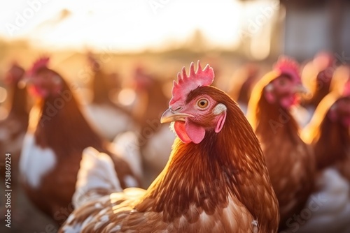 Hen in Focus at Poultry Farm