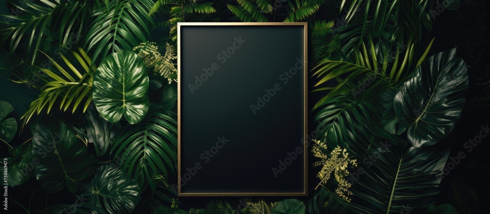 Dark luxury A4 size vertical photo frame mockup background with green leaves. Dark luxury A4 size vertical photo frame mockup background with green leaves.