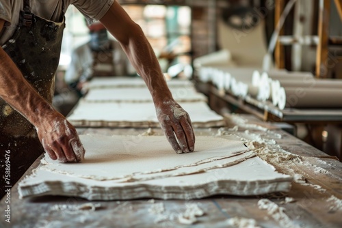 Artisan handling paper during the papermaking process. photo