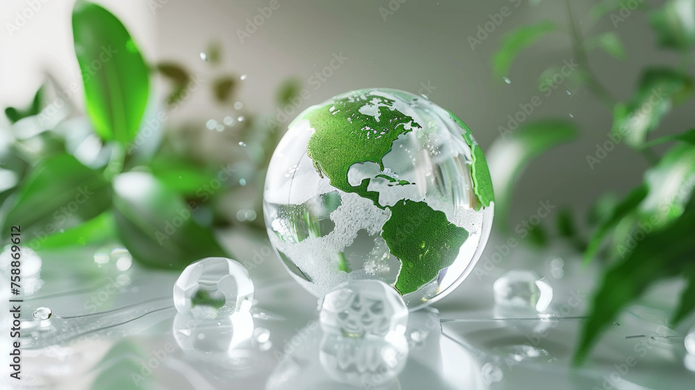 Delicate glass globe nestles amidst dewy foliage, symbolizing environmental conservation.