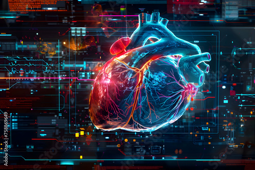 Illustration of an artistic interpretation of a healthy heart MRI, with vibrant colors delineating different heart sections and flows, displayed on a futuristic digital interface.