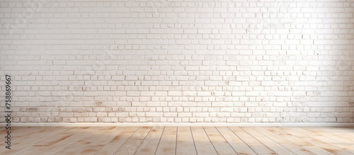 Empty room with white brick wall. Background for loft and stylish display. Realistic studio interior in loft style.