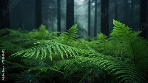 Raindrops on Ferns in Lush Green Forest  Serene Nature Backdrop