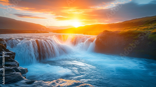 Spectacular summer view of Bruarfoss Waterfall, secluded spot with cascading blue waters. Superb sunrise in Iceland, Europe. Generative AI