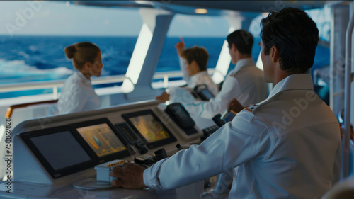 Bridge crew working together on a ship's navigational control deck.