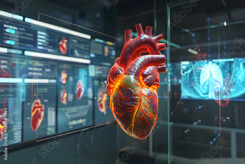 A realistic 3D model of a healthy heart based on MRI data, presented in a virtual reality medical lab. The model is suspended in mid-air, with annotations pointing to key features. photo