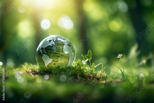 A clear globe rests on moss, reflecting a green world, evoking sustainability for Earth Day.