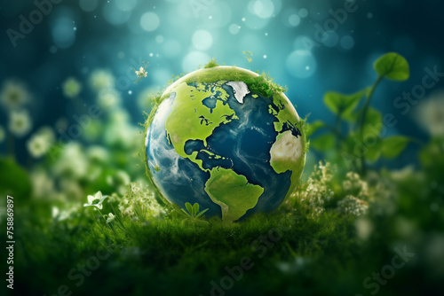 A fantasy Earth globe blooms with greenery and flowers, glowing with life for Earth Day.
