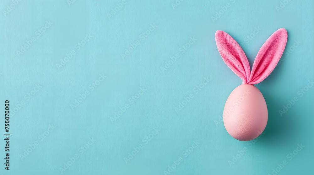 A pink Easter egg with bunny ears on a blue background. Easter design concept with copy space