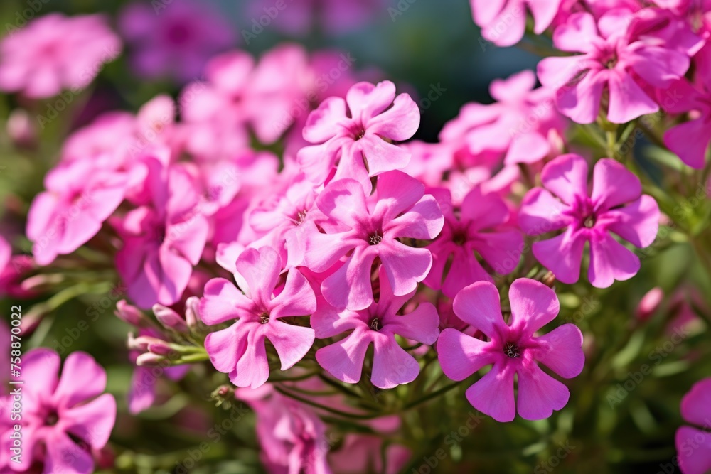 Pink phlox flowers in natural sunlight. Botanical garden and spring concept.