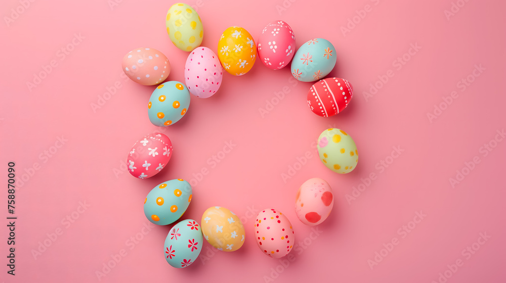A colorful Easter eggs arranged in a circle shape on a pink background. Easter design concept with copy space A colorful Easter eggs arranged in a circle shape on a pink background. Easter design concept with copy space