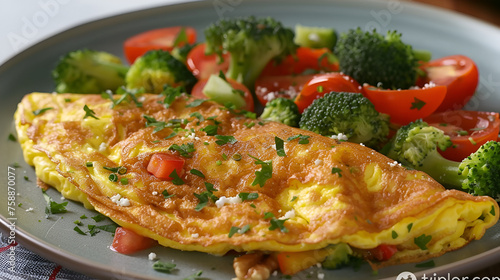 Stuffed omelette with tomatoes, red bell pepper and broccoli on light wooden background with copy space. Generative AI