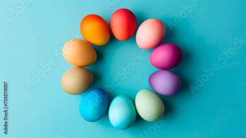 A colorful Easter eggs arranged in a circle shape on a pink background. Easter design concept with copy space