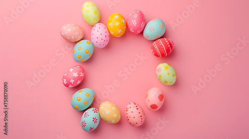 A colorful Easter eggs arranged in a circle shape on a pink background. Easter design concept with copy space