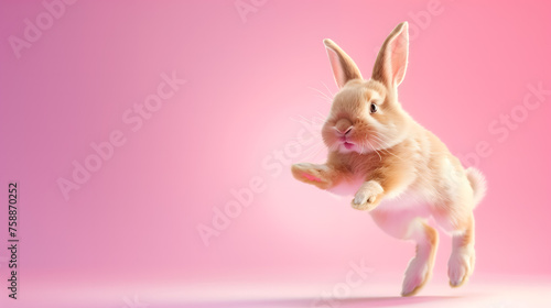 A happy ginger Easter bunny jumping on the pink background. Easter design concept with copy space photo