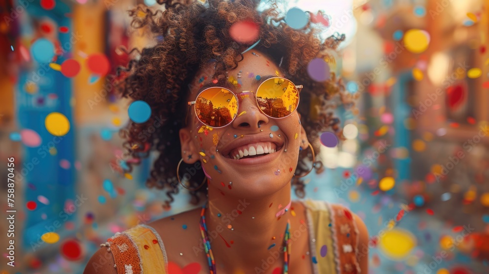 Joyful woman with glitter on her face surrounded by colorful confetti. Joyful woman with glitter on her face surrounded by colorful confetti.