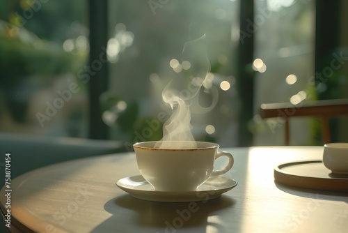 Soothing Cup of Tea with Blurred Background, steam, serene, relaxation, hot drink