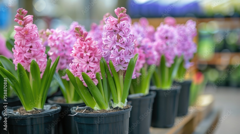 Obraz premium Pink hyacinth flowers in pots. Selective focus floral nursery image.