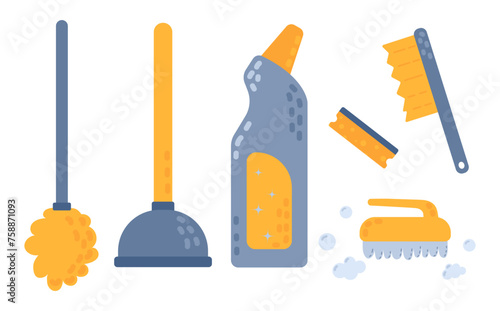 Spring Cleaning icons, flat style. House cleaning products and tools. 	