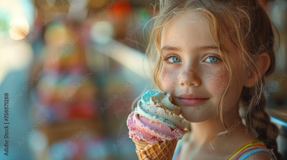 Young girl holding an ice cream cone. Studio portrait with a bokeh background. Young girl holding an ice cream cone. Studio portrait with a bokeh background.