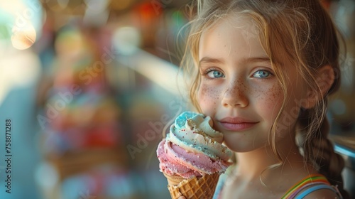 Young girl holding an ice cream cone. Studio portrait with a bokeh background.