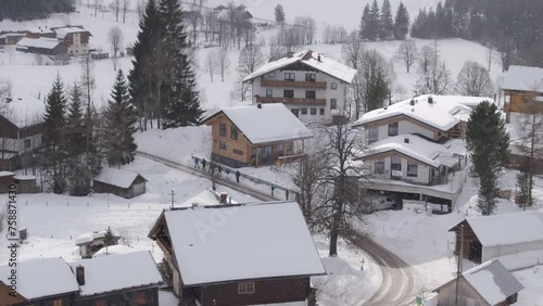 Aerial view of snow covered Ramsau am Dachstein during winter, Styria, Austria. photo