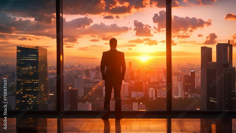 A business man standing with cityscape sunset background A business man standing with cityscape sunset background
