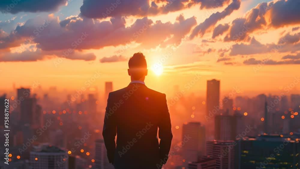 A business man standing with cityscape sunset background A business man standing with cityscape sunset background
