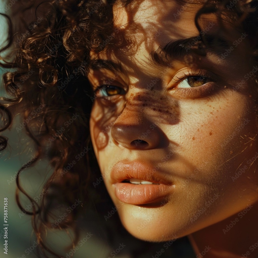 Portrait of a beautiful girl with curly hair, dark eyes, freckles, full lips. Portrait of a beautiful girl with curly hair, dark eyes, freckles, full lips.